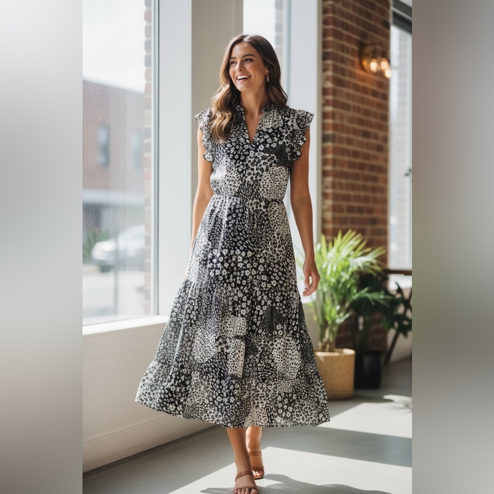 BB Dakota by Steve Madden Black and White Floral Midi Dress